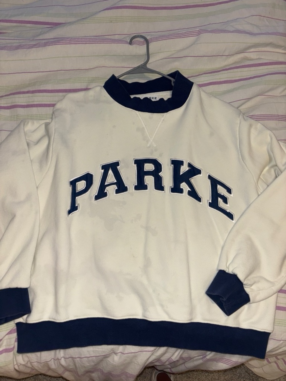 Parker White Crewneck Sweater with Navy Trim and Logo